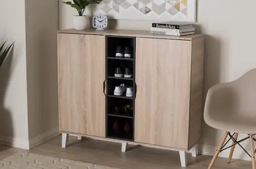 Adelina Mid-Century Modern 2-door Oak and Gray Wood Shoe Cabinet - Shoe Cabinet Malaysia