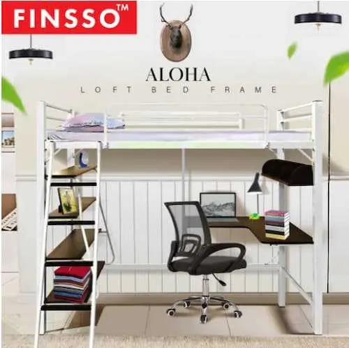 Finsso Aurora Loft Single Size Bed Frame with Study Table & Book Shelves  - Loft Beds KL Selangor  