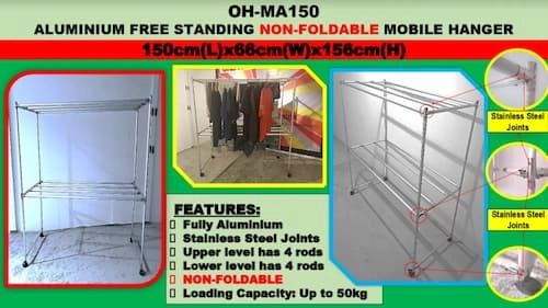 OH-MA150 Aluminium Free Standing Non-Foldable Mobile Hanger  - Laundry Rack Singapore (Credit: OH-MA150)