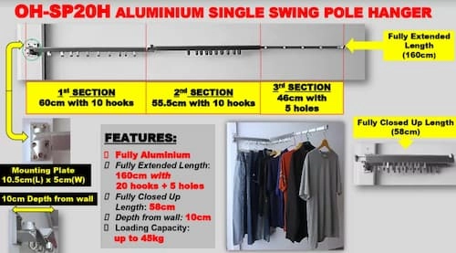 OH-SP20H Aluminium Single Swing Pole Hanger - Laundry Rack Singapore (Credit: OH-SP20H)