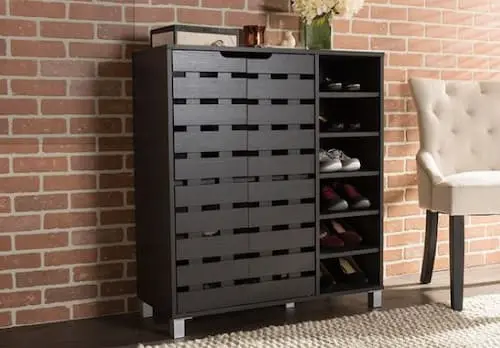 Shirley, Contemporary Dark Brown Wood 2-Door Shoe Cabinet with Open Shelves  - Shoe Cabinet Malaysia